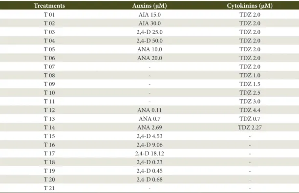 Table 1. Treatments with different concentrations of growth regulators for callus induction in stem segments of  Eucalyptus grandis.