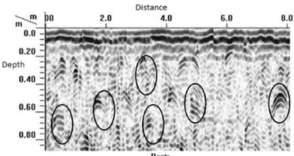 Figure 6. Radargram of the MMP area. Image obtained  with a 900 MHz antenna and time/depth conversion  speed of 0.09 m ns -1 .
