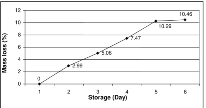 FIGURA  5.  Mass  loss  during  storage  at  a  mean  temperature  and  humidity  of  29.8  °C  and  67%,  respectively