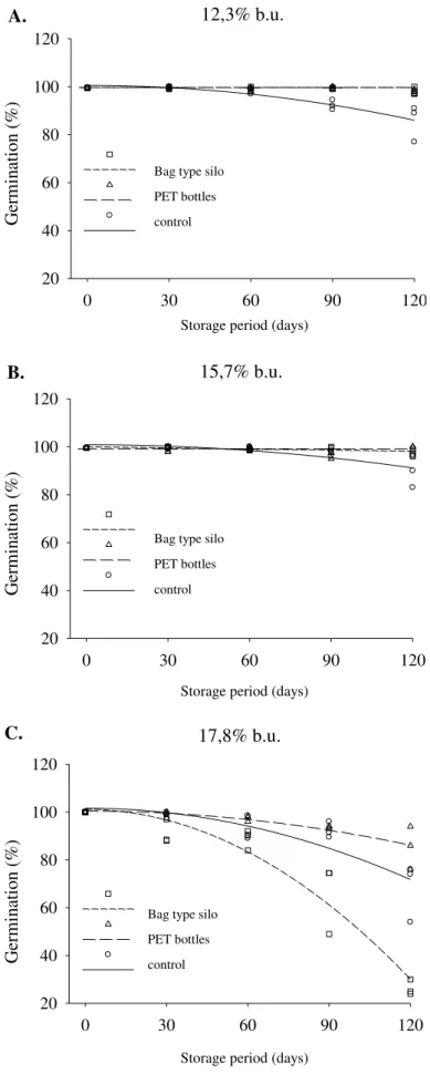 FIGURE 4. Germination ppercentage of stored beans with moisture content of 12.3% (A), 15.7% 