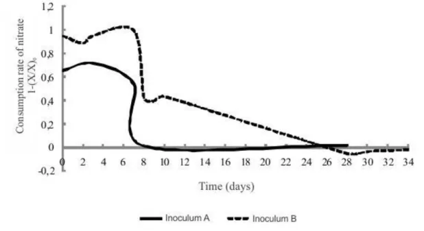FIGURE 2. Consumption of NO 3 - -N for sludge A and B (Xo = initial concentration of NO 3 - -N and  X = final concentration of NO 3 - -N, both in mg L -1 