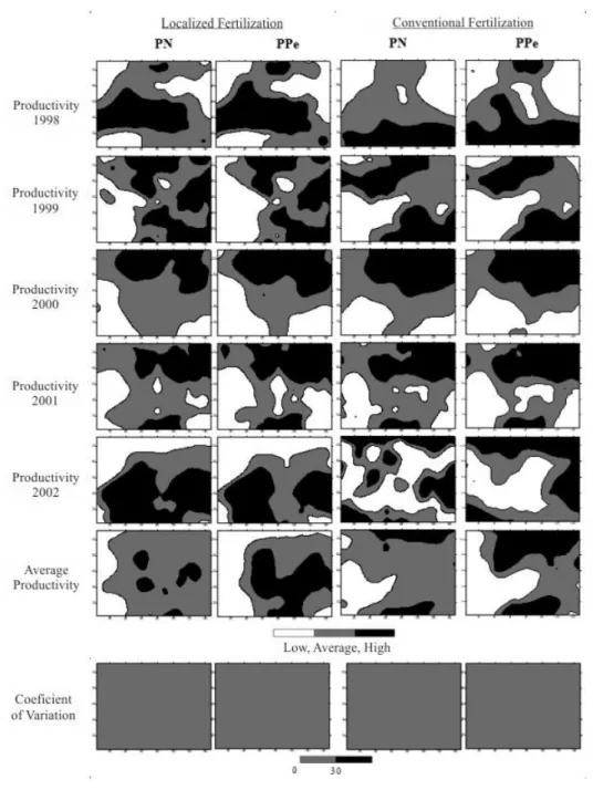 FIGURE 2.  Maps of comparison of the normalized productivity (NP) and equivalent standardized  productivity (eSP), with localized and conventional fertilization in the years from 1998  to 2002