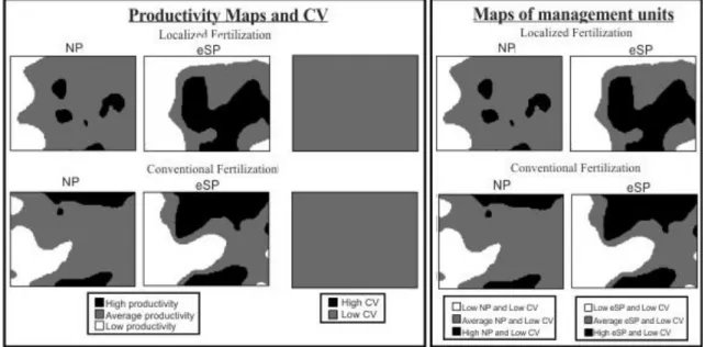FIGURE 4. Definition of the management zones starting from the maps of normalized yield (a) and  equivalent standardized yield (b)
