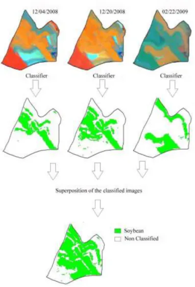 FIGURE 5.  False color RGB-453 images in monitored agricultural  area and figure demonstrating  the classification and used superposition technique
