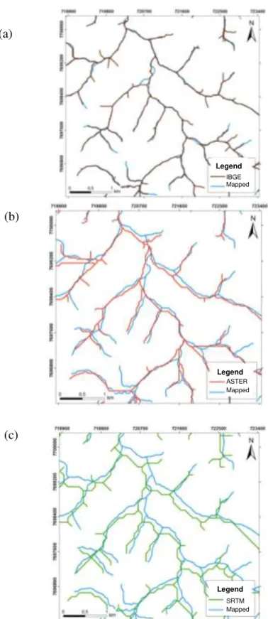 FIGURE 3. Comparison  between  mapped  hydrography  (topographic  maps)  and  numerical  hydrography: (a) HCDEM IBGE; (b) HCDEM ASTER and (c) HCDEM SRTM
