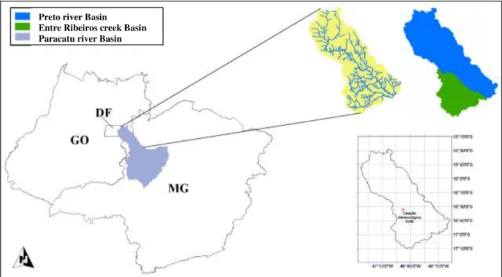 FIGURE 1. Location of the studied area. In the foreground, in grey, there is the Paracatu river basin,  and, in the background, the studied sub-basins