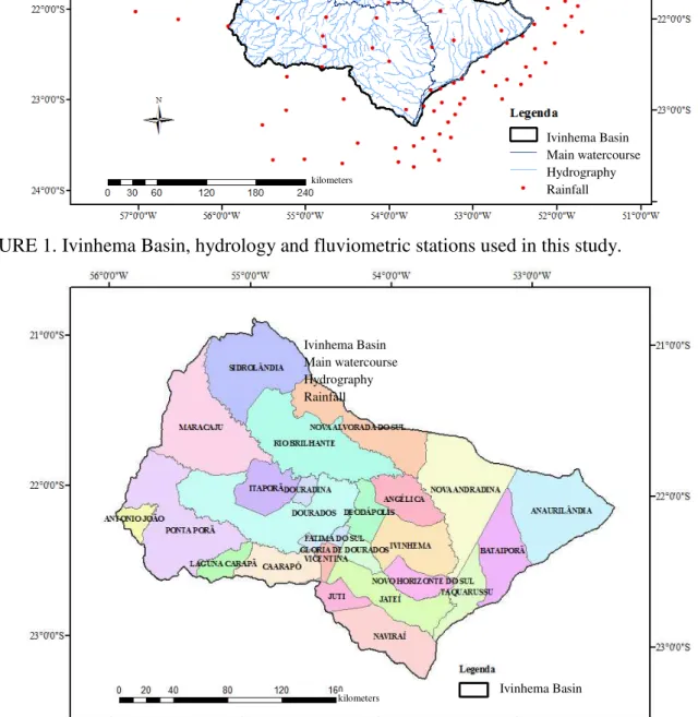 FIGURE 1. Ivinhema Basin, hydrology and fluviometric stations used in this study. 