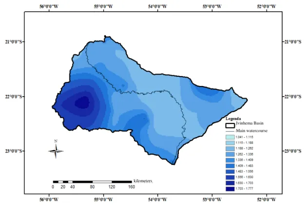 Figure  3  presents,  for  the  Ivinhema  Basin,  the  distribution  of  annual  mean  rainfall,  in  the  period  from  1976  to  2006