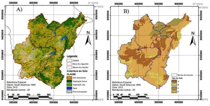 FIGURE 5. Spatial  distribution  of  soil  coverage  (A)  and  soil  type  (B)  in  the  Jaguaribe  River  hydrographic basin