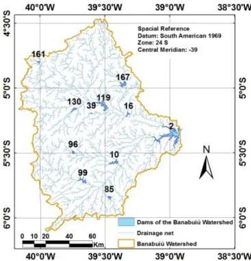 FIGURE  3.  Watershed  of  Banabuiú  dam  (2),  with  the  reservoirs  upstream  and  controlled  by  the  State: Patu (10); Quixeramobim (16); São José I (39); São José II (85); Trapiá II (96); 