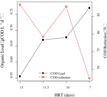FIGURE 5. Organic load in COD and its reduction at the HRT. 