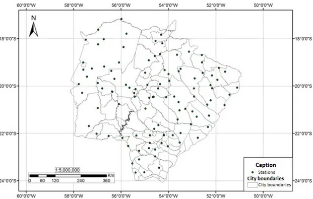 FIGURE 1. Spatial distribution of rainfall stations used in the study, in Mato Grosso do Sul State,  Brazil