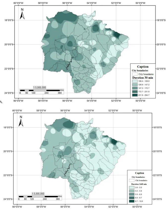 FIGURE 3. Spatial distribution of maximum rainfall (mm h -1 ) for Mato Grosso do Sul State, with a  20-year return period, wherein: a) 30-min duration; and b) 1440-min duration