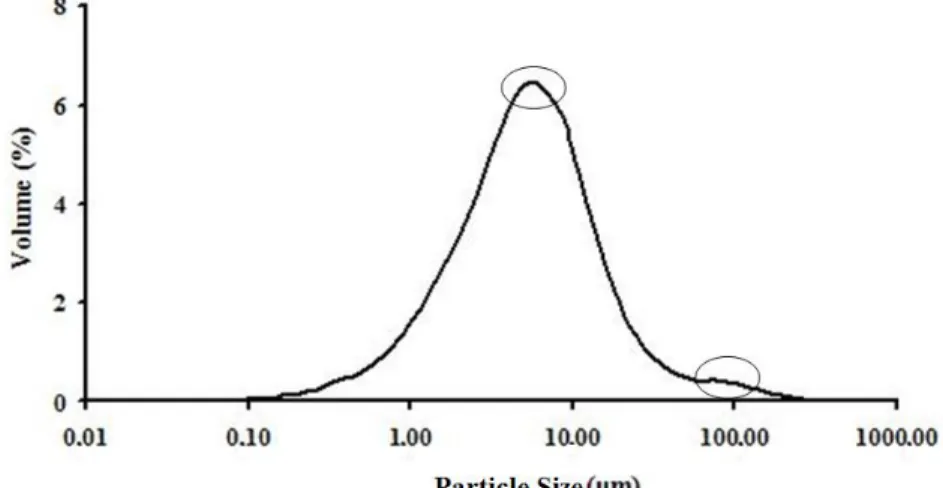 FIGURE 2. Particle size distribution of powder obtained in the selected condition. 