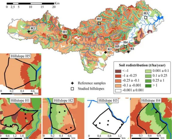 Figure  2  shows the spatial pattern of accumulated soil redistribution from 1963 to 2008,  according to the simulations performed with the WASA-SED model