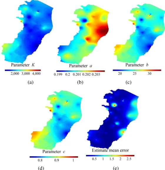 FIGURE 4. Spatialization of intense rainfall equation parameters K (a),  a (b), b (c), and c (d), and  regression mean error (%) (e).