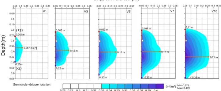 FIGURE  2.  Soil  water  content  profiles  (m 3   m -3 )  at  the  end  of  the  infiltration  process  of  each  application of MWS at a flow rate of 1.0 L h -1 