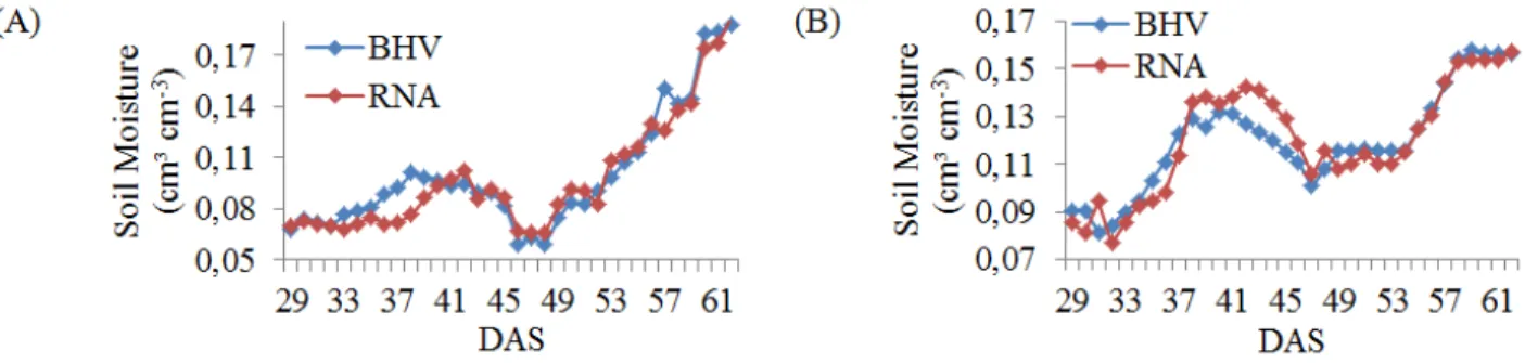 FIGURE 11. Behaviour of  soil  moisture prior to  irrigation at 07:00  in the 0-20 cm  (A) and 20-40  cm  (B)  layers,  for  areas  managed  by  an  artificial  neural  network  (ANN)  and   volumetric water balance (VWB)