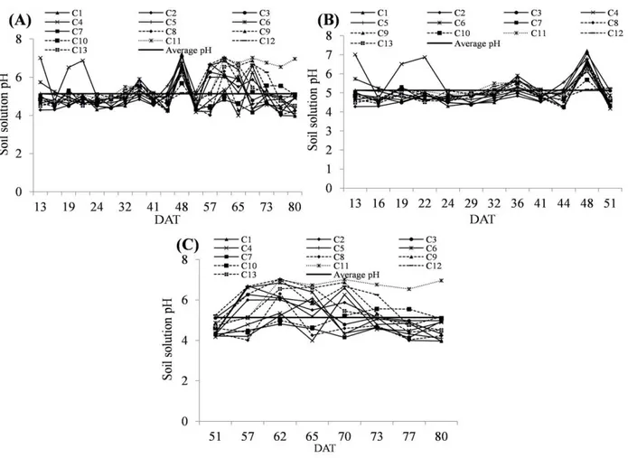 FIGURE 2. pH  values  in  the soil solution, obtained  through porous ceramic cups extractors during  the watermelon cycle, accumulated depending on the days after the  sowing