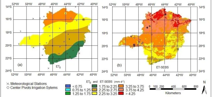 FIGURE  1.  Daily  average  reference  evapotranspiration  (ET 0 )  map  (a)  and  daily  average  actual  evapotranspiration (ET-SEBS) map (b) for July of 2010, in Minas Gerais State
