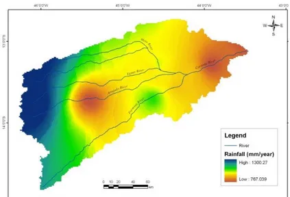 FIGURE 1. Annual average rainfall spatial distribution in the Corrente basin. 