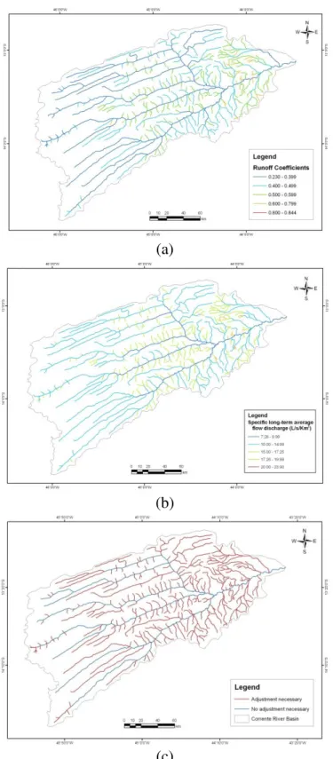 FIGURE 3. Runoff coefficient (a), specific long-term average flow discharge (L s-1 km-2) (b), and  segments of the Corrente basin (outlined in red) where it was necessary to adjust the  long-term average flow  rate based on the runoff coefficient  used as 