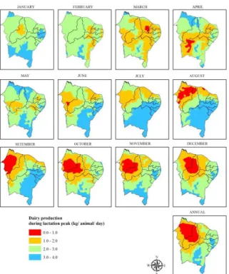 FIGURE  3.  Dairy  production  future  projections  for  'Saanen'  goats  based  on  increasing  values  of  maximum air temperature, estimated in scenario B2 from SRES IPCC, in the different  months of the year for northeastern Brazil