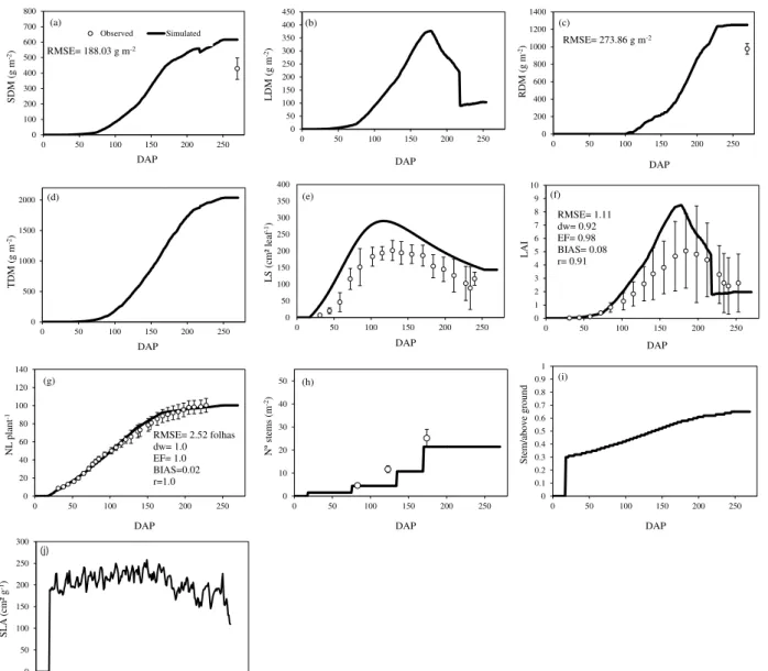 FIGURE  1.  Evaluation  of  the  parameters  and  processes  for  cassava  cultivar  Fepagro  -  RS14  simulated with Simanihot, with independent data in the 2011-2012 growing season in  Santa  Maria,  RS