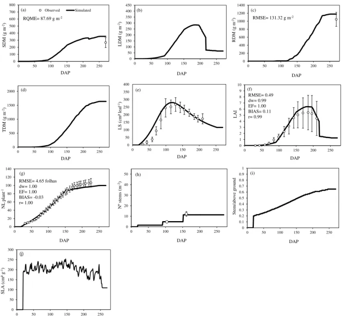 FIGURE 2. Evaluation of the parameters and processes for cassava cultivar Cascuda simulated with  Simanihot, with independent data in the 2011-2012 growing season in Santa Maria, RS