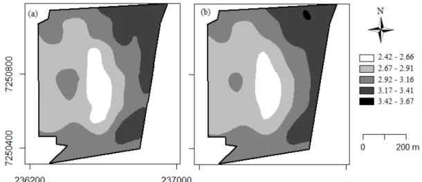 FIGURE  5.  (a)  Map  1:  soybean  yield  with  reparameterized  t-Student  distribution  with    0.050 and  Matérn  family  model  with  shape  parameter    0.5 without  point  6;  (b)  Map  2: 