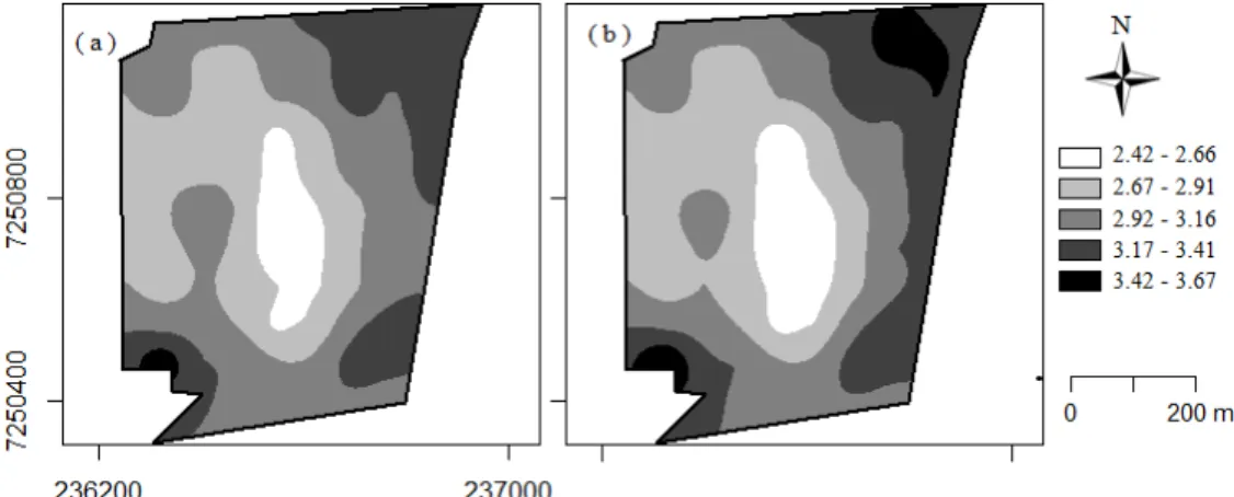 FIGURE  4.  (a)  Map  1:  soybean  yield  with  reparameterized  t-Student  distribution  with    0.050 and Matérn family model with shape parameter   0.5 ; (b) Map 2: soybean yield with  normal distribution and Matérn family model with shape parameter