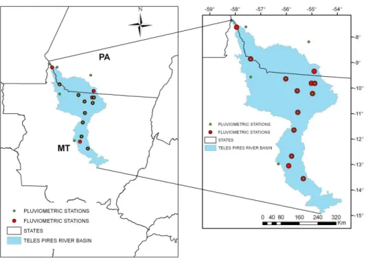FIGURE  1.  Map  of  the  Teles  Pires  river  basin  and  the  localization  of  the  fluviometric  and  pluviometric stations used in the regionalization analyses