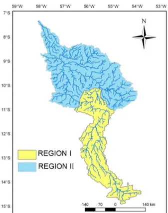 FIGURE 2. Map of hydrologically homogeneous regions for maximum and minimum flow of Teles  Pires river basin