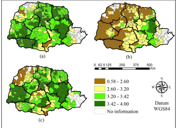 FIGURE 3. Spatial maps of soybean yield (t ha -1 ) for the 2010/2011 (a), 2011/2012 (b) and      2012/2013 (c) crop years