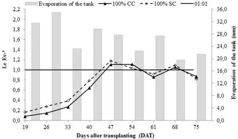 FIGURE 1. Relationship between the water consumed in the treatment 100% and the evaporation in  the reduced tank to a cumulative of 7 days during the experiments (WtC) and (WC)