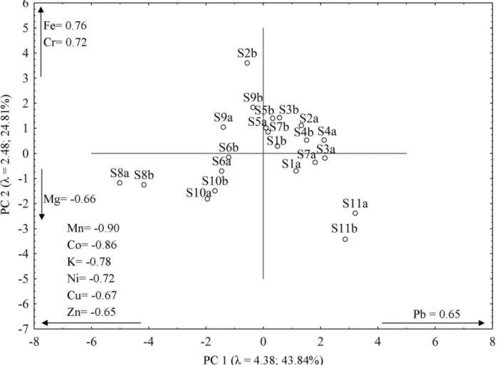 FIGURE 3. Principal component analysis of soil chemical variables of the Cascavel River watershed