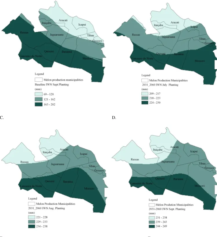 FIGURE 2. Thematic map of gross demand for irrigation water (in mm) for the period of 1961 to  1990, planting in July (A), August (B),  September (C); and future values for 2031 to  2060, planting in July (D), August (E) and September (F)
