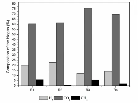 FIGURE 2. Composition of the biogas in R1, R2, R3 and R4. 