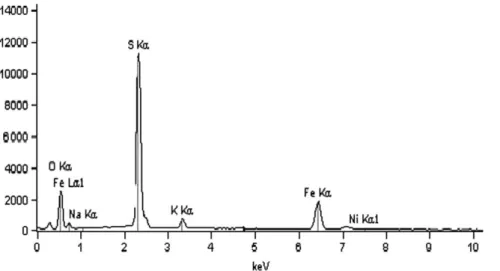 Fig. 5. EDS patterns of the jarosite layer depicted in Fig. 4. Weight concentration: O: 52.42%; Na: 0.49%; S: 28.87%; K: 2.02%; Fe: 15.90%; Ni: 0.21%.