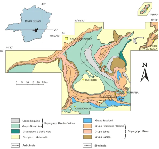 Figura 2.3 - Mapa geológico do Quadrilátero Ferrífero com suas principais estruturas. Adaptado de Dorr II  (1969) e Romano (1989) in: César-Mendes &amp; Gandini (2000)