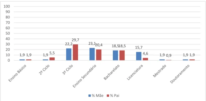 Figura 1 - Gráfico percentual e de frequências relativas das habilitações dos pais dos alunos que  compõem a amostra