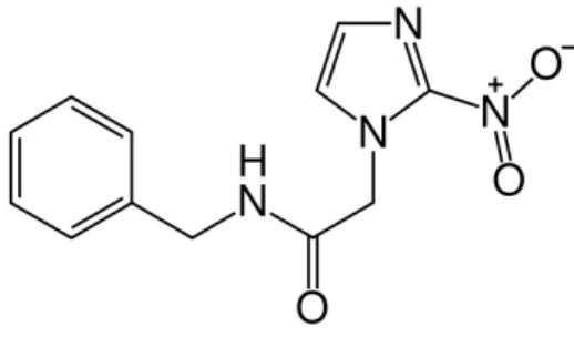 Figura 1:Fórmula estrutural do benznidazol [N-benzyl-2-(2-nitro-1H-imidazol-1-yl)acetamide] 