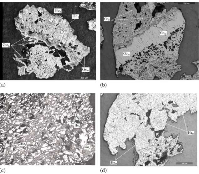 Fig. 1. Typical optical microscopy images of the investigated iron ore sample studied illustrating: (a) botryoidal goethite — Go b and earthy goethite — Goe; (b) earthy goethite — Go e and massive goethite — Go m ; (c) hematite morphologies (granular and l