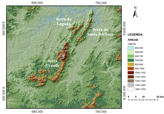 Figura 2.2: Modelo digital de elevação do CBA gerado a partir dos dados SRTM evidenciando a Serra de Santa  Bárbara, Serra da Laguna e a Serra Grande.
