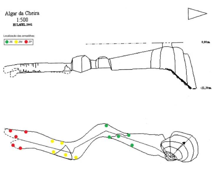 Figura 4. Representação topográfica do Algar da Cheira, com indicação da localização das  armadilhas.