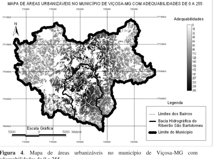 Figura 4. Mapa de áreas urbanizáveis no município de Viçosa-MG com  adequabilidades de 0 a 255