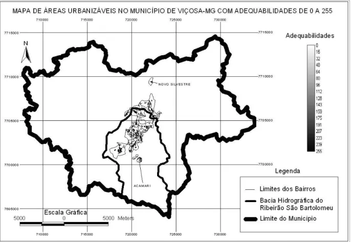 Figura 5. Mapa de áreas urbanizáveis no município de Viçosa-MG iguais ou superiores  a 1ha e com máxima adequabilidade (255)