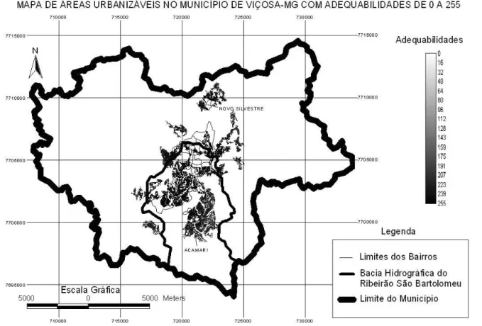 Figura 7. Mapa de áreas urbanizáveis no município de Viçosa-MG iguais ou superiores  a 30ha e com adequabilidades iguais ou superiores a 200
