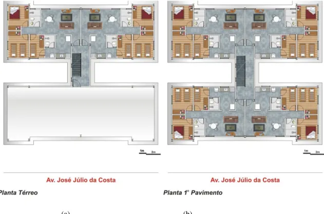 Figura 4.12 – Layout interno dos apartamentos de três quartos. (a) Planta Térreo; (b) Planta 1º Pavimento 