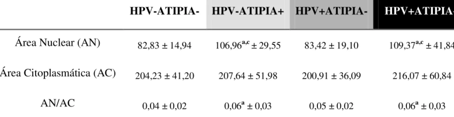 Tabela  4:  Área Nuclear, Área Citoplasmática e Razão Núcleo/Citoplasma observadas em células  escamosas  da  região  coletada  com  auxílio  de  escova  nos  grupos  HPV-ATIPIA-,  HPV-ATIPIA+,  HPV+ATIPIA- e HPV+ATIPIA+
